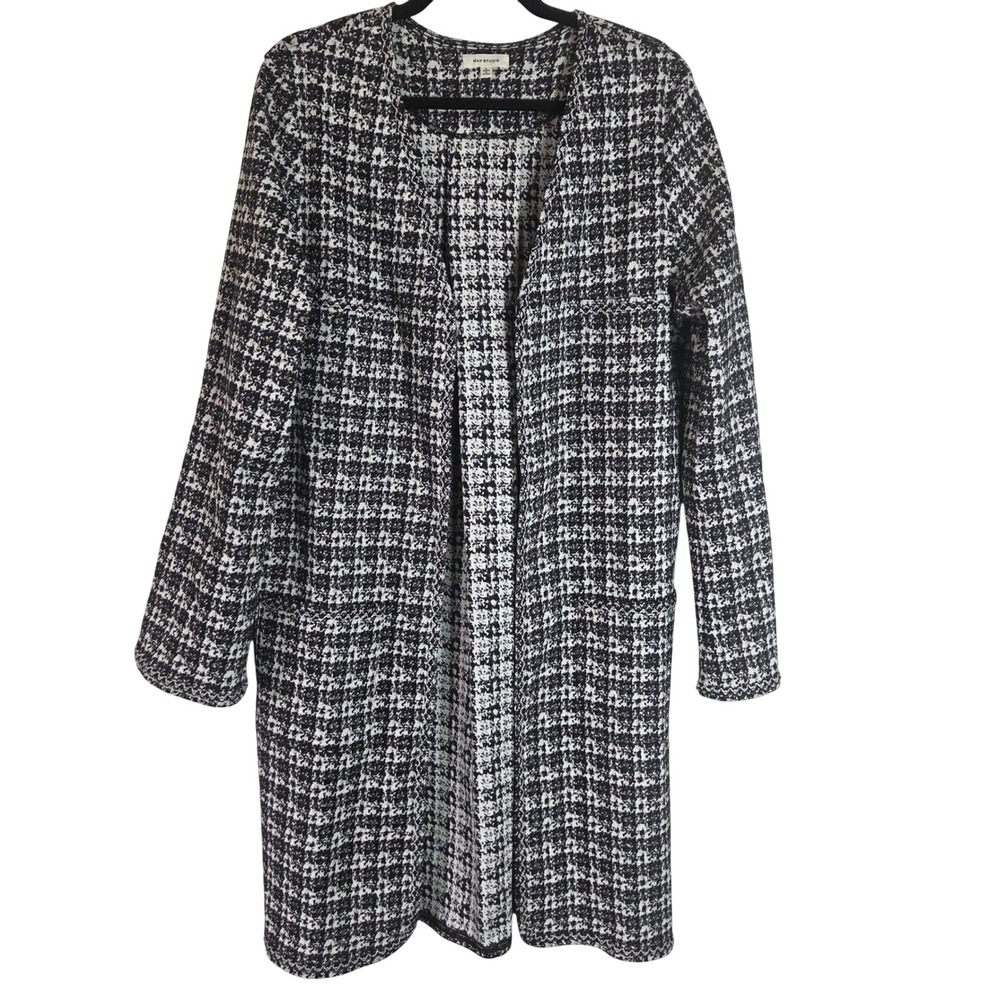 Max Studio Womens L Black White Textured Tweed Houndstooth Open Front Cardigan